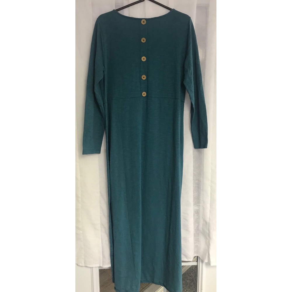 Soft Surroundings Teal Blue Slub Cotton Midi Dress Wooden Buttons Womens Medium - Picture 4 of 7